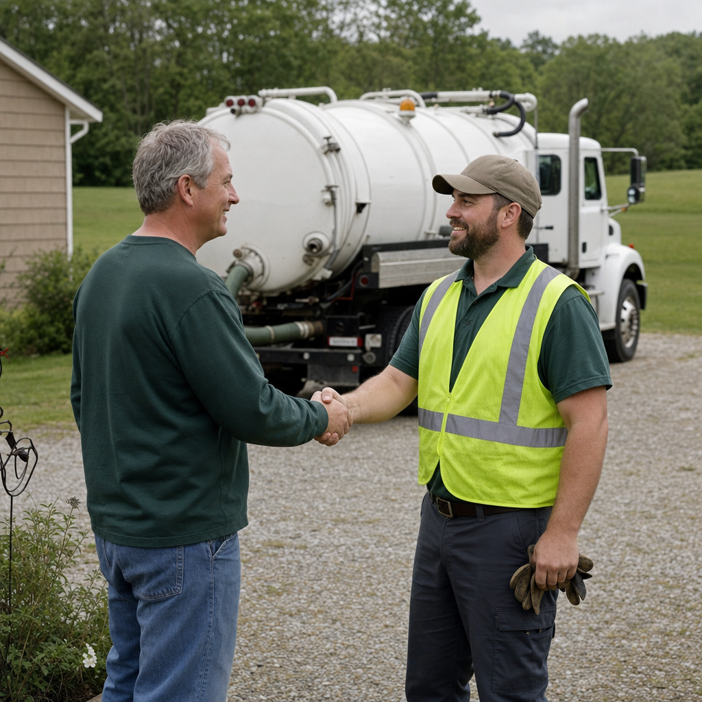 A septic technician shaking a Amherst homeowner's hand beside the service truck after a completed pump-out