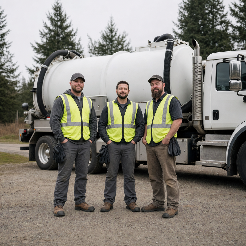 The Amherst septic pumping crew standing together beside their clean white vacuum truck on a residential street