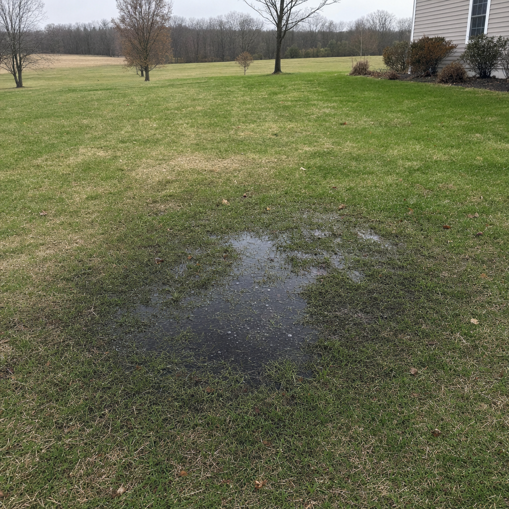 A dark, saturated wet spot in a Amherst backyard lawn marking a failing cesspool at capacity