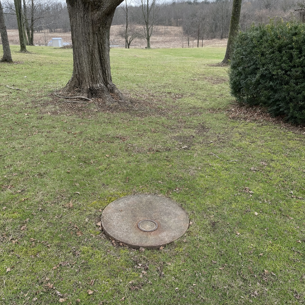 An older round cesspool access lid set flush in an established, mature Amherst backyard lawn