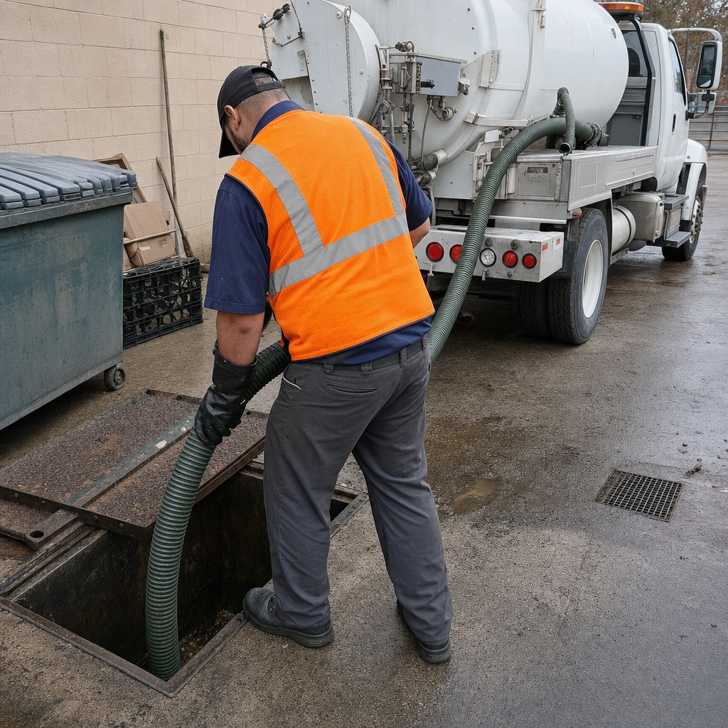 Technician pumping a grease trap behind a Amherst restaurant