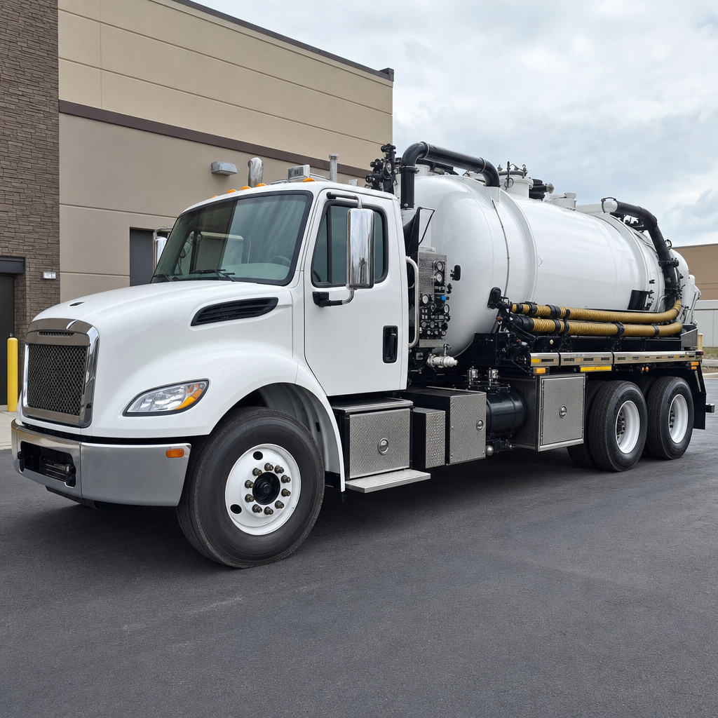 Commercial septic vacuum truck parked in a Amherst business parking lot