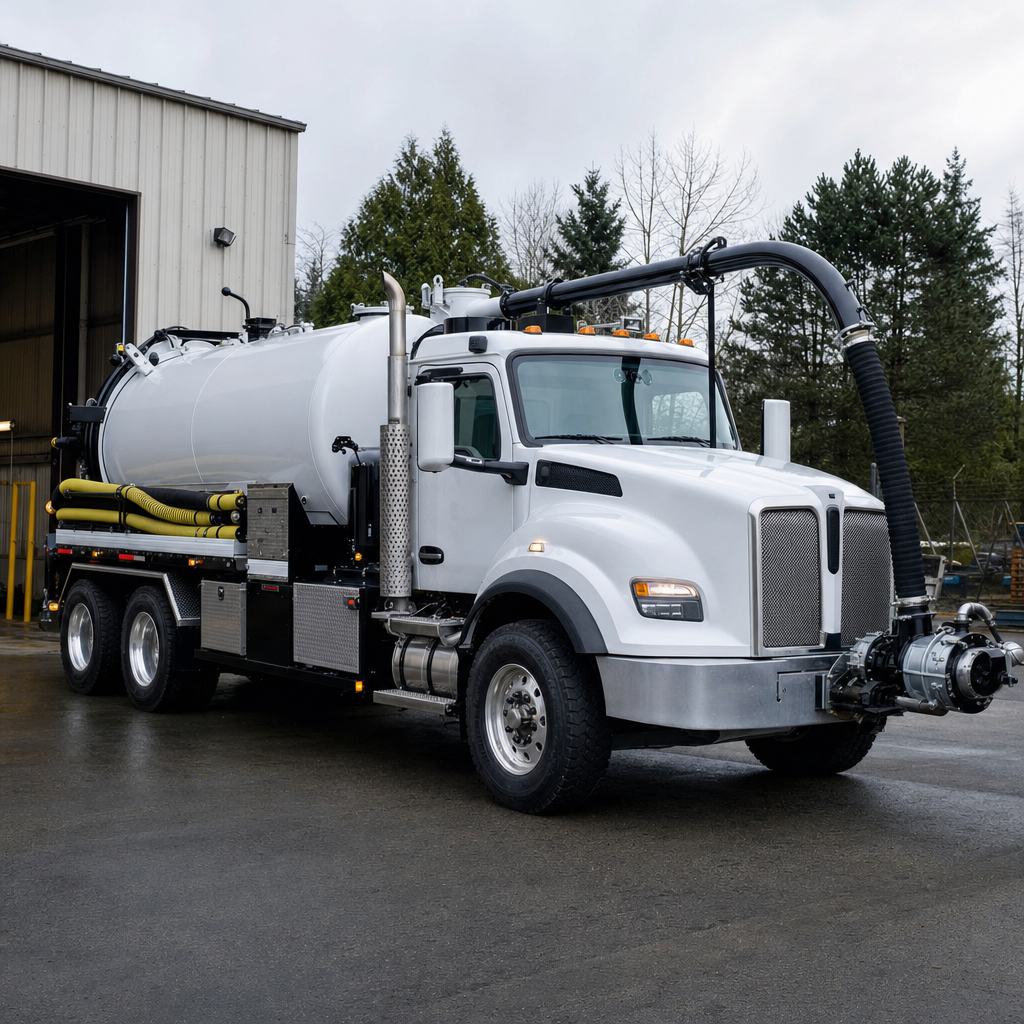 A clean white septic vacuum truck rolling out of a tidy Amherst service depot at the start of the day