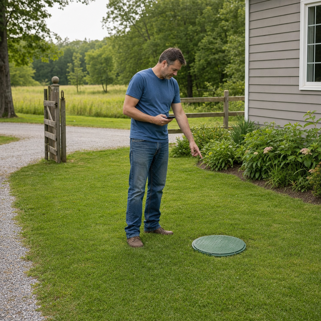 A Amherst-area homeowner standing in the backyard noting where the septic tank lid and access route are located