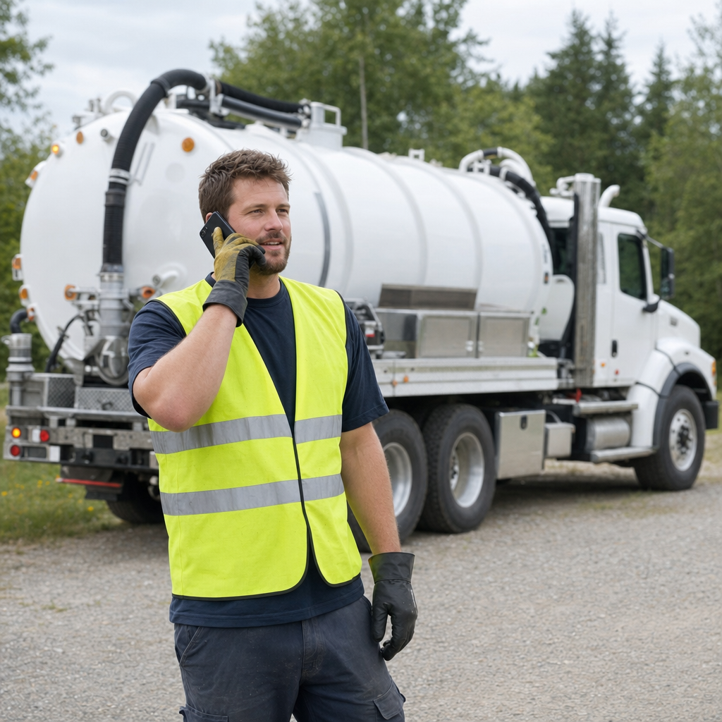 A friendly septic dispatcher holding a phone, ready to answer a Amherst homeowner's call about a pump-out