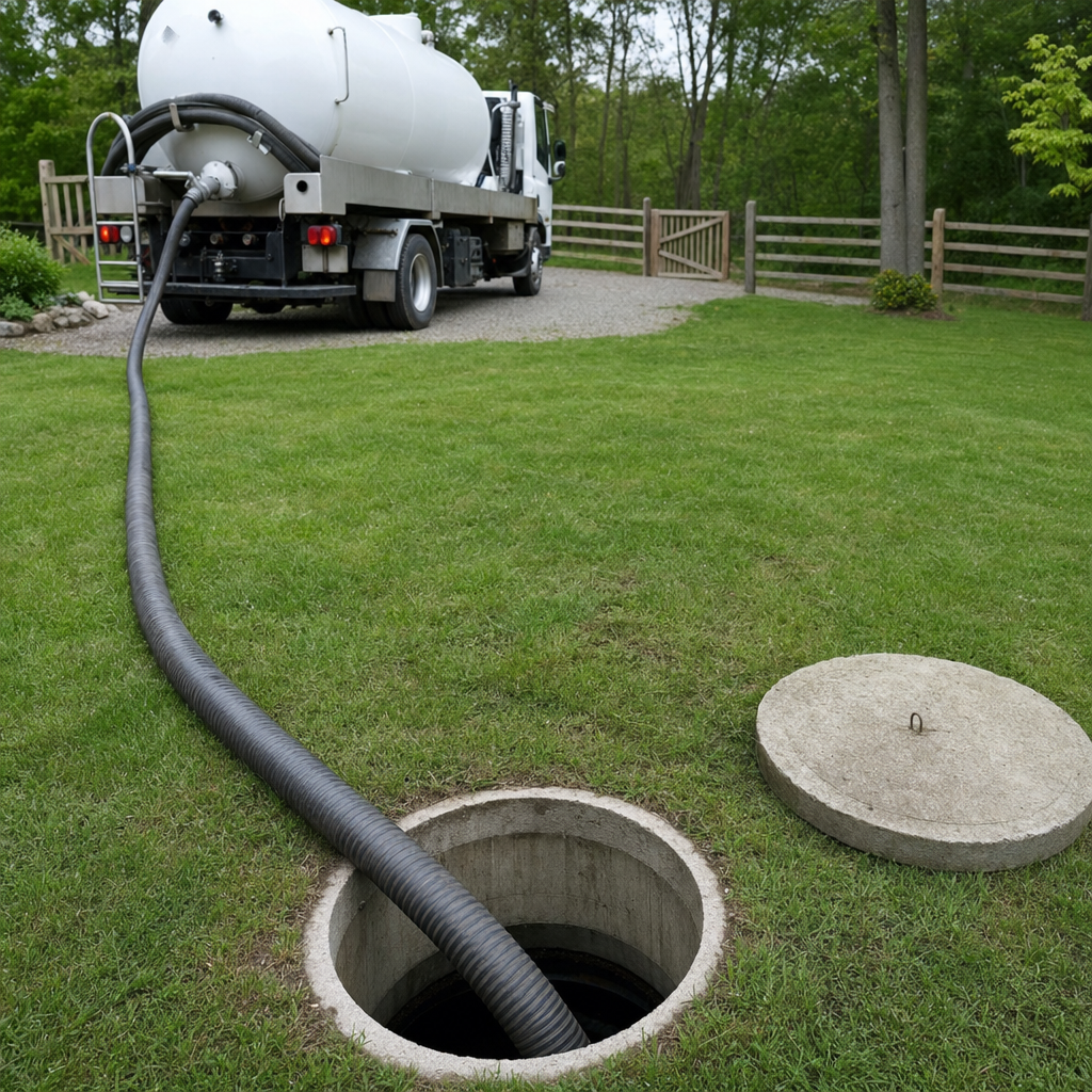 Suction hose connected to an open septic tank, drawing it down in a tidy Amherst yard