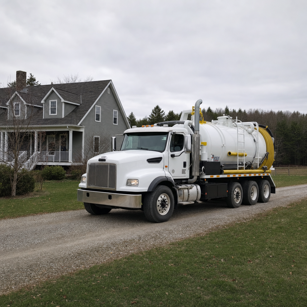 Septic vacuum truck arriving at a Amherst home for same-day emergency service