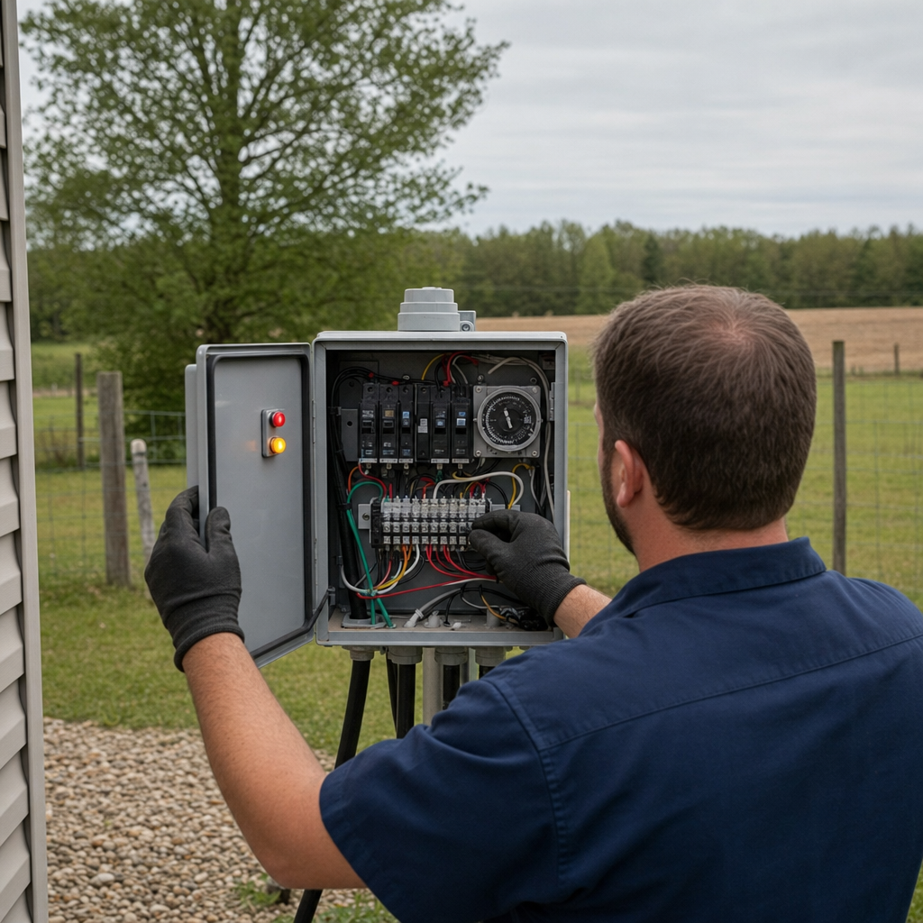 Technician checking an aerobic septic control box with a lit red high-water alarm during a same-day Amherst visit