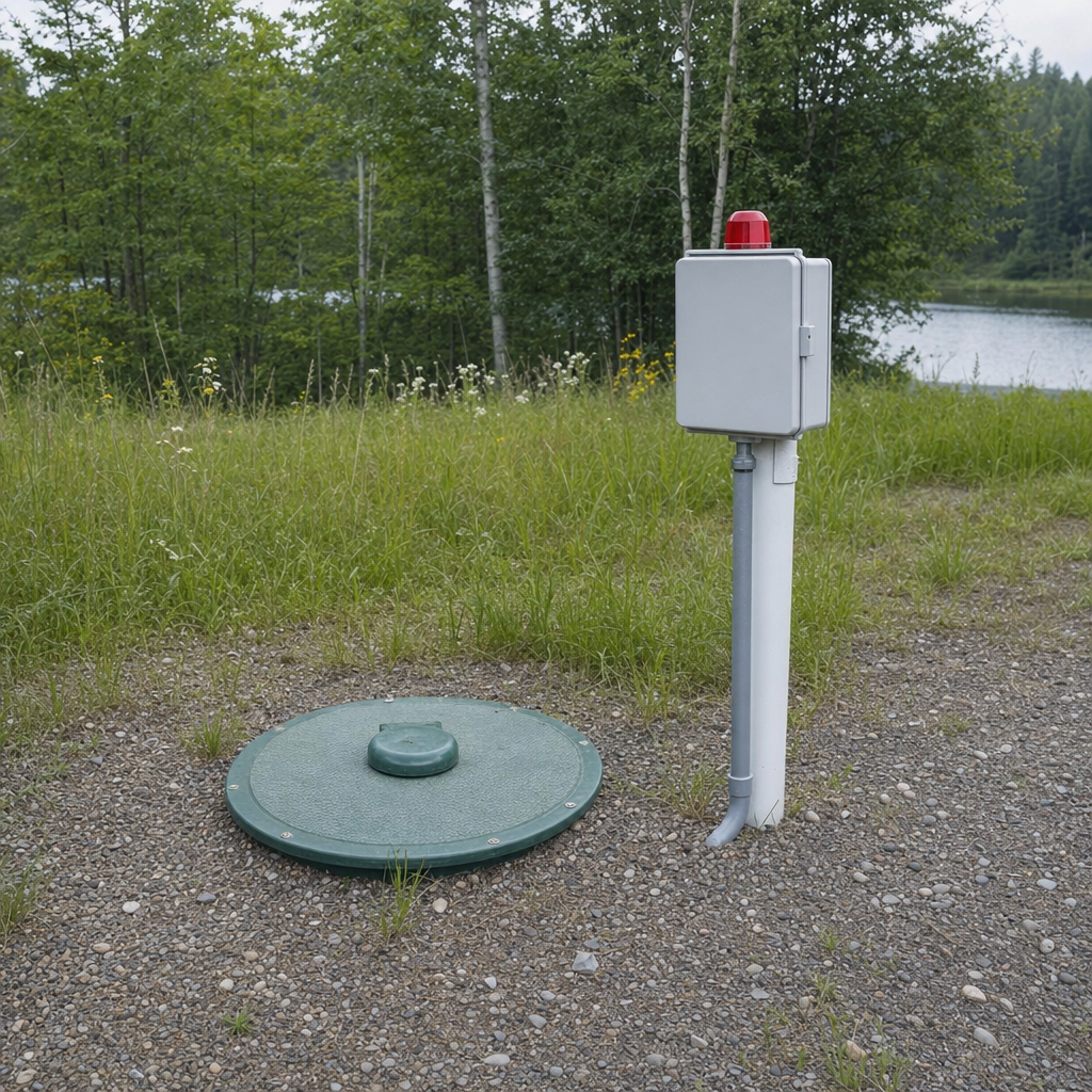 A wastewater holding tank access lid set in the ground at a rural Amherst-area cabin, with a mounted high-level float alarm panel nearby