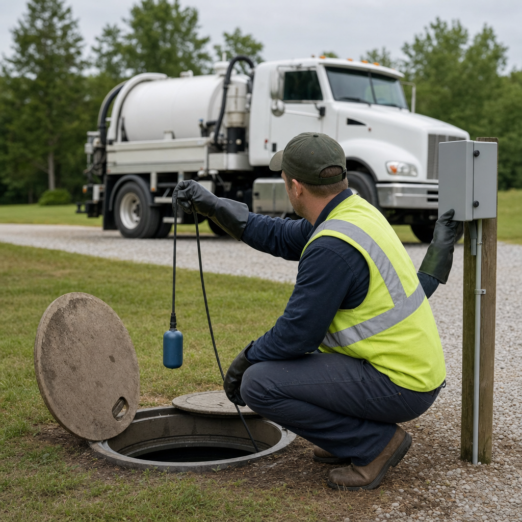 A septic technician in a high-visibility vest checking a high-level float switch and alarm panel on a holding tank at a rural Amherst-area site