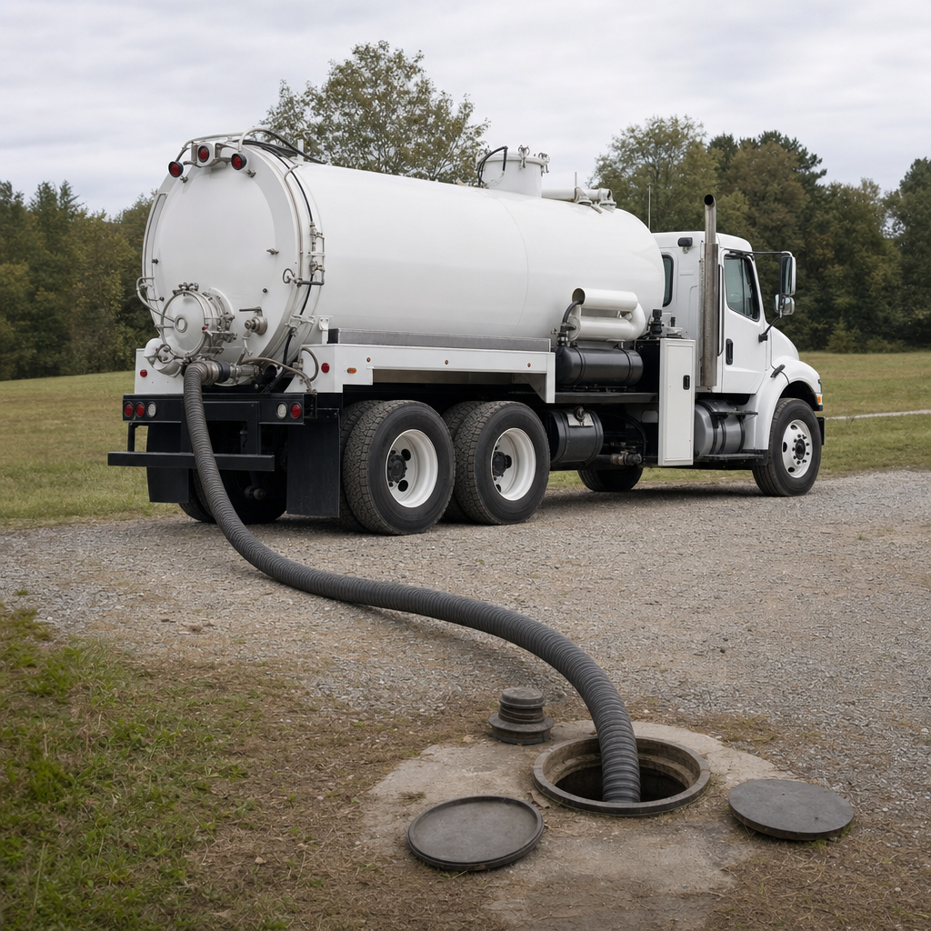 An unmarked white vacuum truck emptying a wastewater holding tank on a scheduled visit at a rural Amherst-area property, thick suction hose running to the tank lid