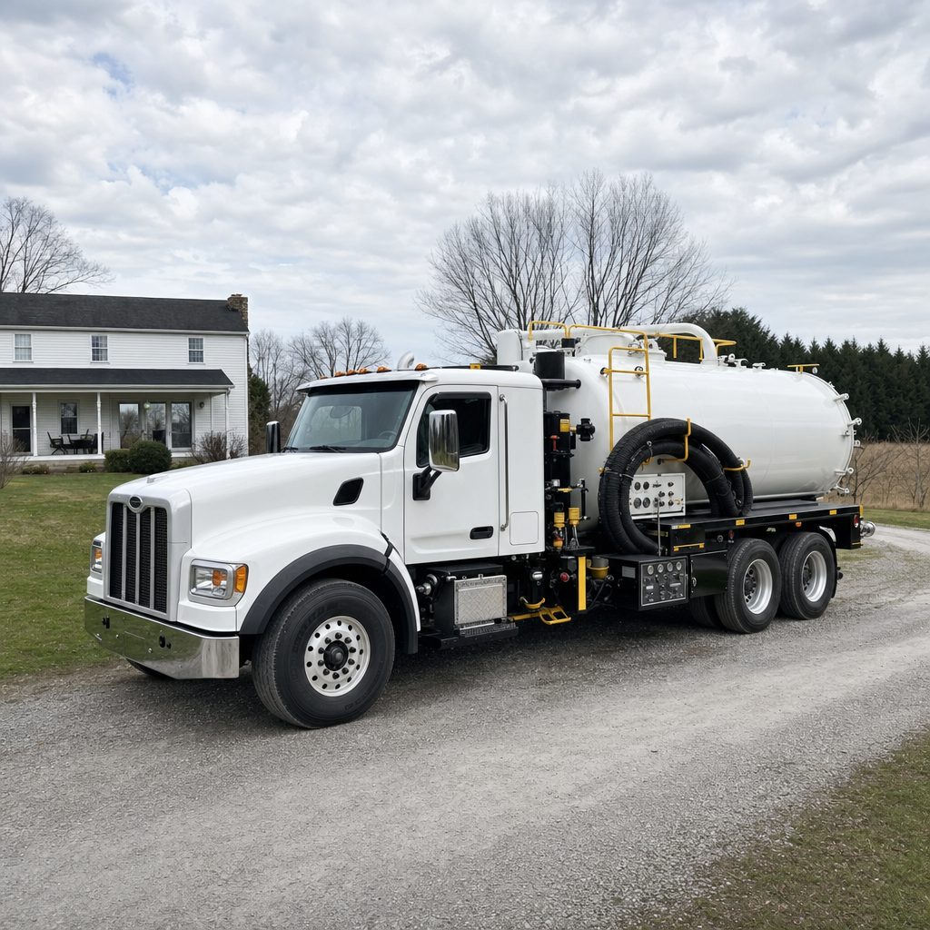 A clean white septic vacuum truck parked on a tidy Amherst driveway with the suction hose neatly coiled