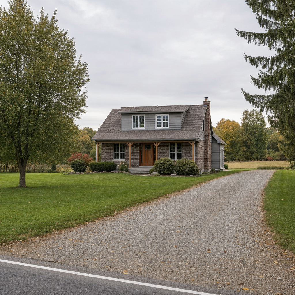 A calm single-family home exterior on a quiet Amherst street, representing the household size and daily water use that decides how often a septic tank needs pumping