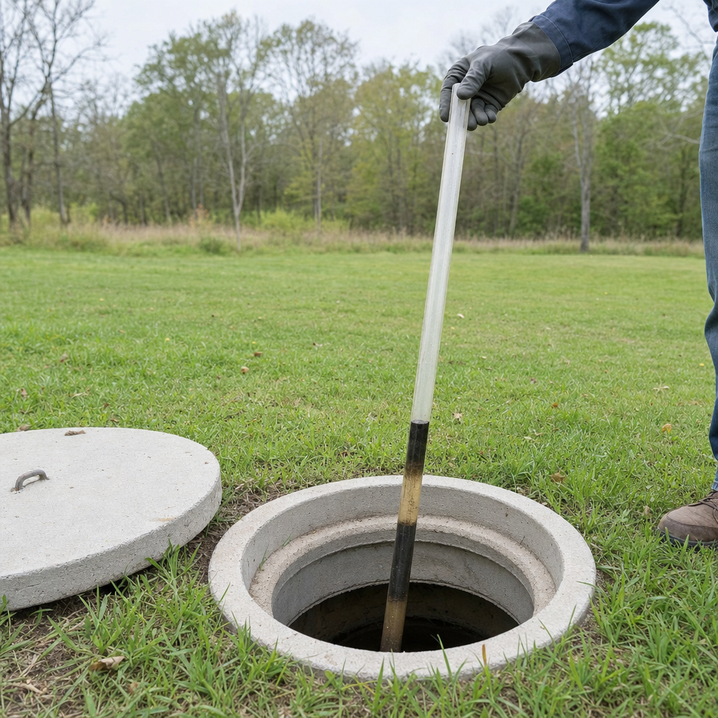 A septic sludge-judge measuring stick lowered into an open Amherst septic tank to read the depth of the sludge and scum layers before deciding whether a pump-out is due