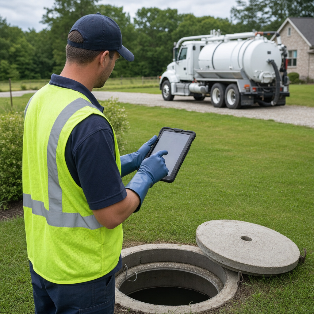A septic technician recording a Amherst home's pump-out date and tank condition on a tablet beside an open access lid, tracking the service history that sets the next due date