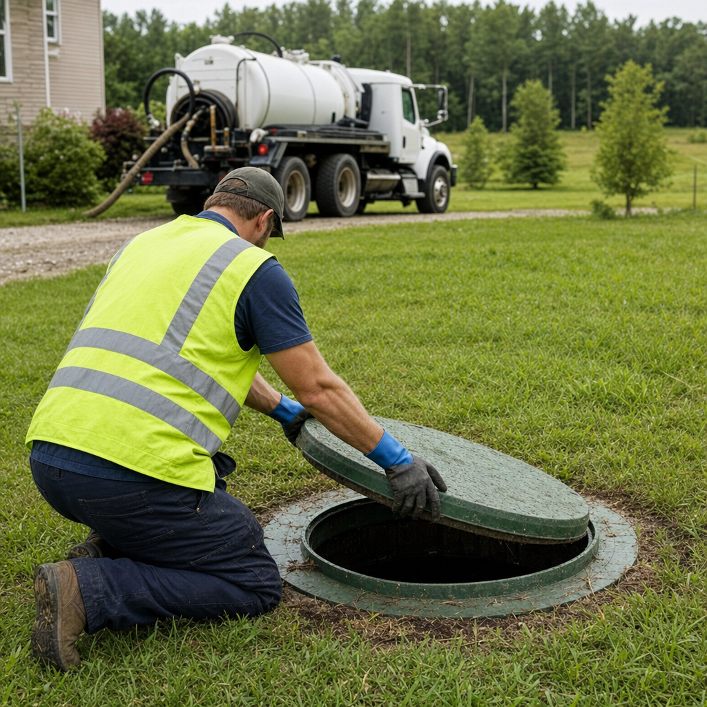 Septic technician kneeling on a Amherst lawn, lifting the access lid on a residential septic tank