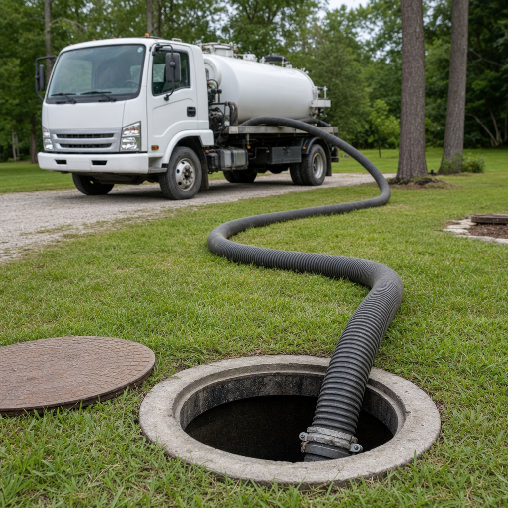 Thick ribbed suction hose lowered into a clean open septic tank port on a tidy Amherst backyard lawn