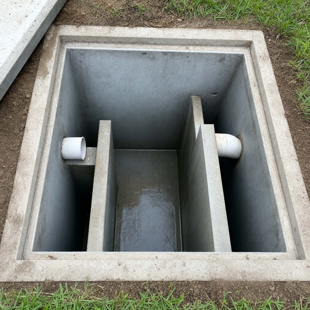 Inspection of the concrete baffles inside an open, emptied and freshly cleaned Amherst septic tank