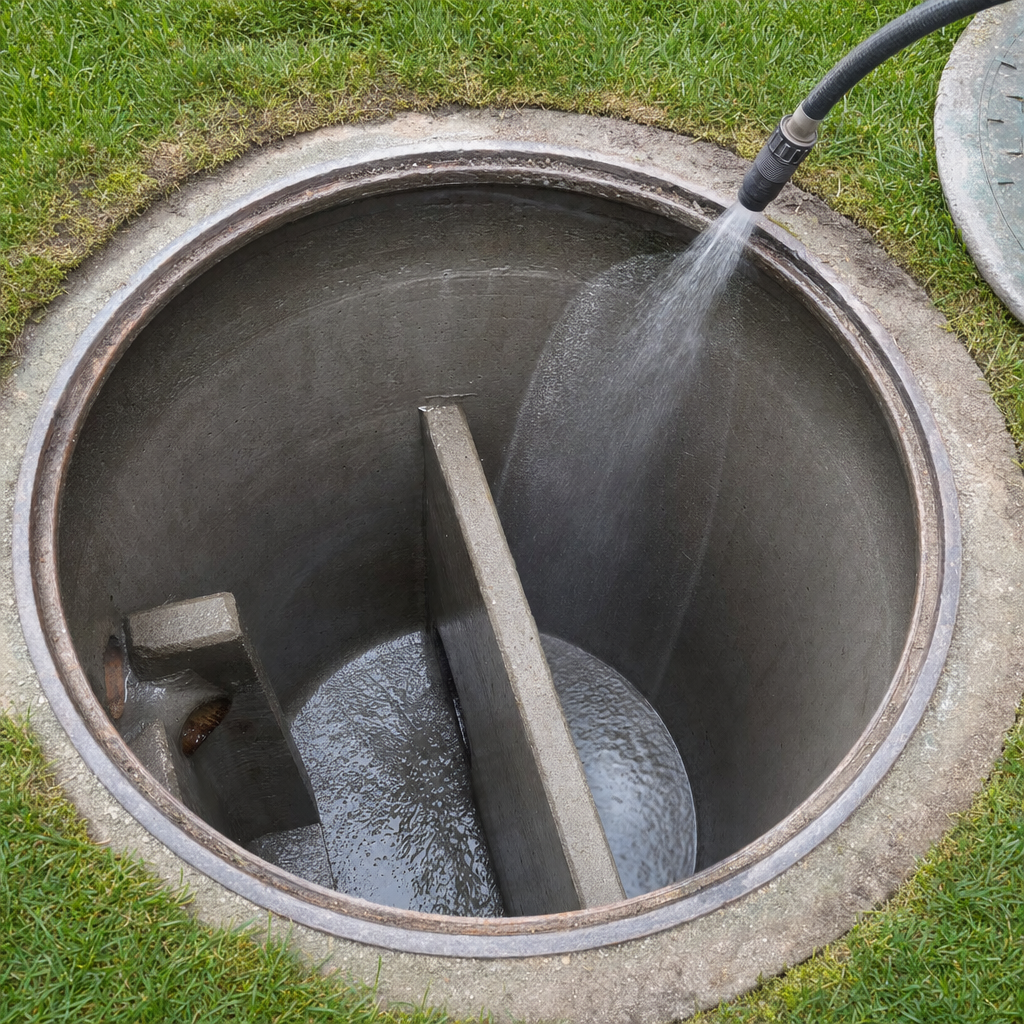 Interior concrete walls of an emptied Amherst septic tank being rinsed clean with the truck's onboard water hose