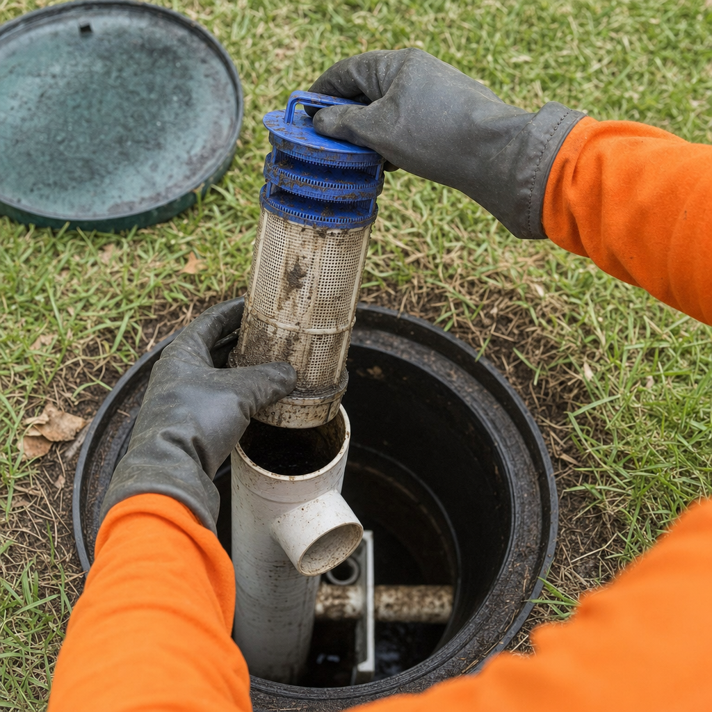 Septic technician's gloved hands lifting the effluent filter cartridge out of the outlet housing on a Amherst septic tank