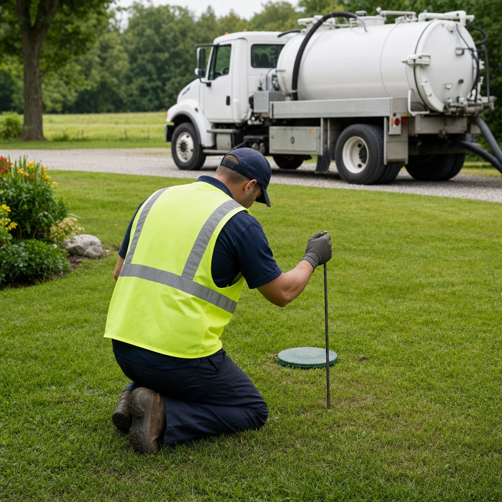 Septic technician kneeling on a Amherst lawn, probing to locate and measure the depth of a buried septic tank lid before pumping