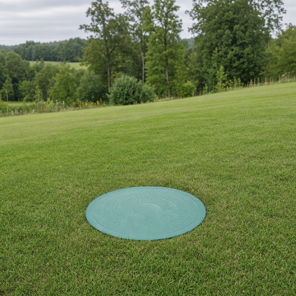 A newly installed septic riser bringing the tank lid up flush to grade in a Amherst yard for easy future access