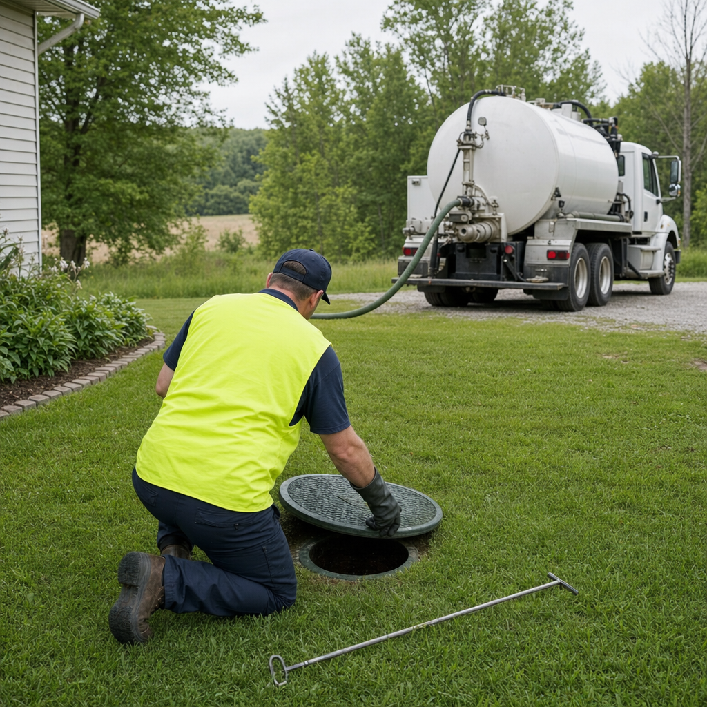 Septic technician kneeling on a Amherst lawn, lifting the buried access lid on a residential septic tank