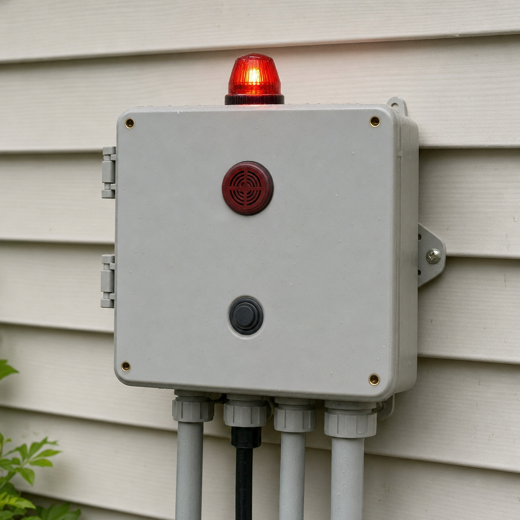 An aerobic septic system control panel mounted outside a Amherst home with its red high-water alarm light lit