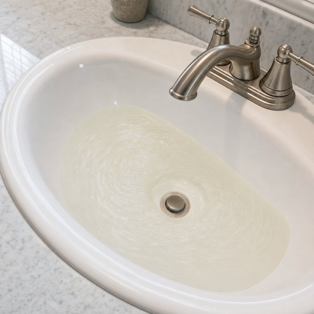 A bathroom sink draining slowly with water pooled in the basin, an early warning sign that a Amherst septic tank is full